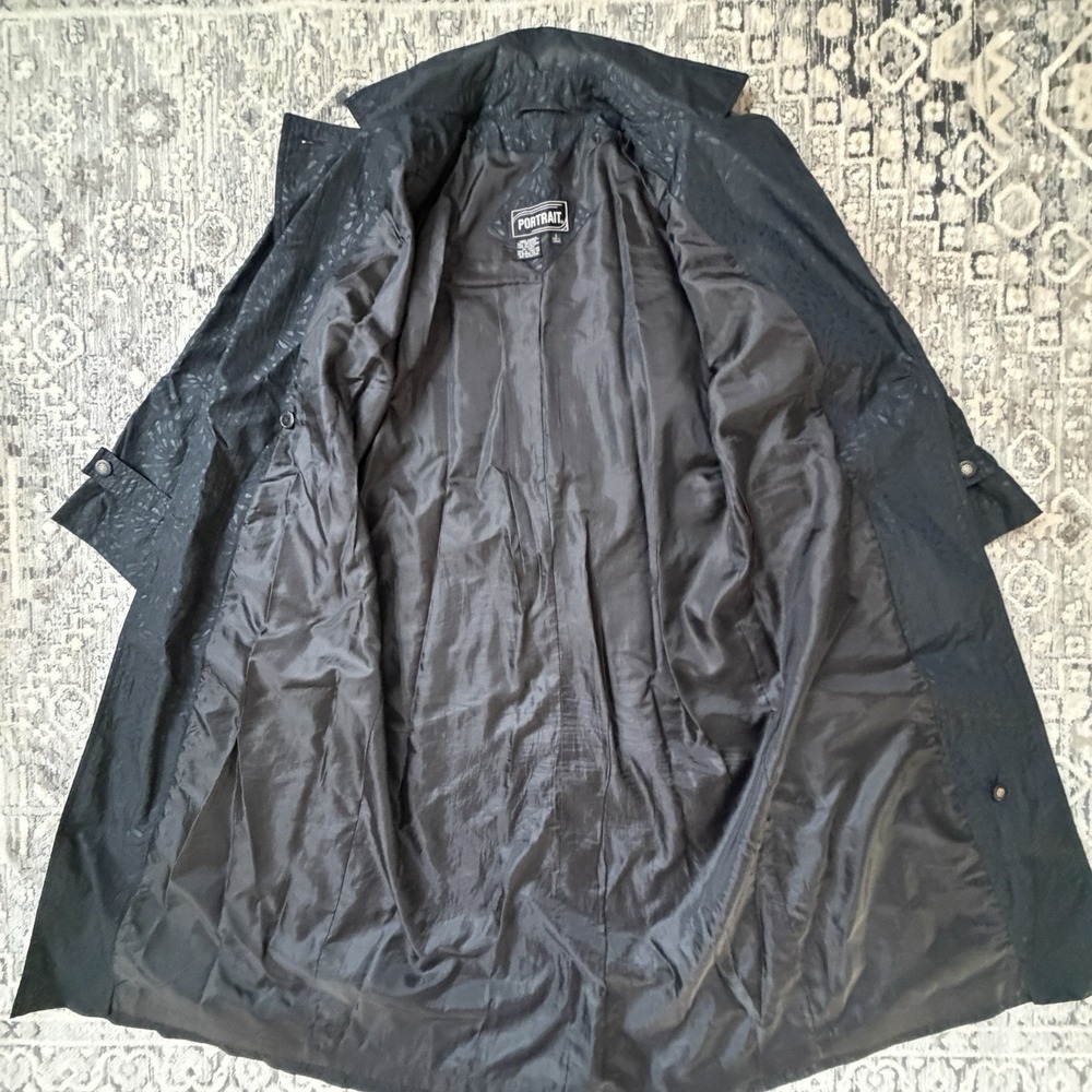 Portrait Long Black Nylon Trench Coat Womens 8 L Belted Waterproof Shoulder Pad - Picture 9 of 14